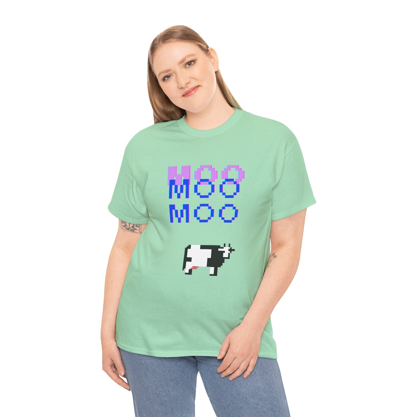 Retro Pixel Art Unisex Heavy Cotton Tee - 'MOO' Design