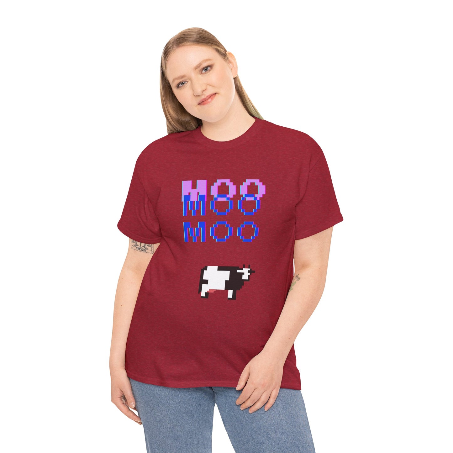 Retro Pixel Art Unisex Heavy Cotton Tee - 'MOO' Design