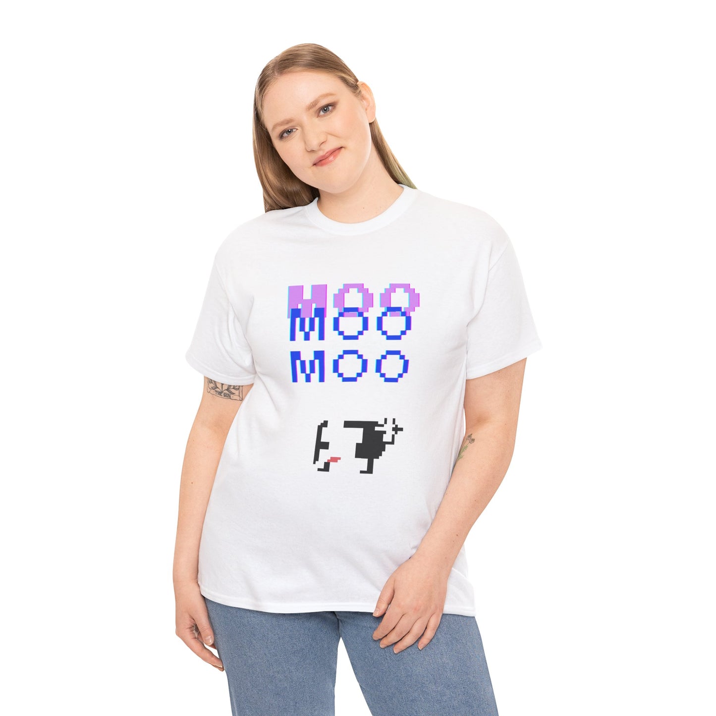 Retro Pixel Art Unisex Heavy Cotton Tee - 'MOO' Design