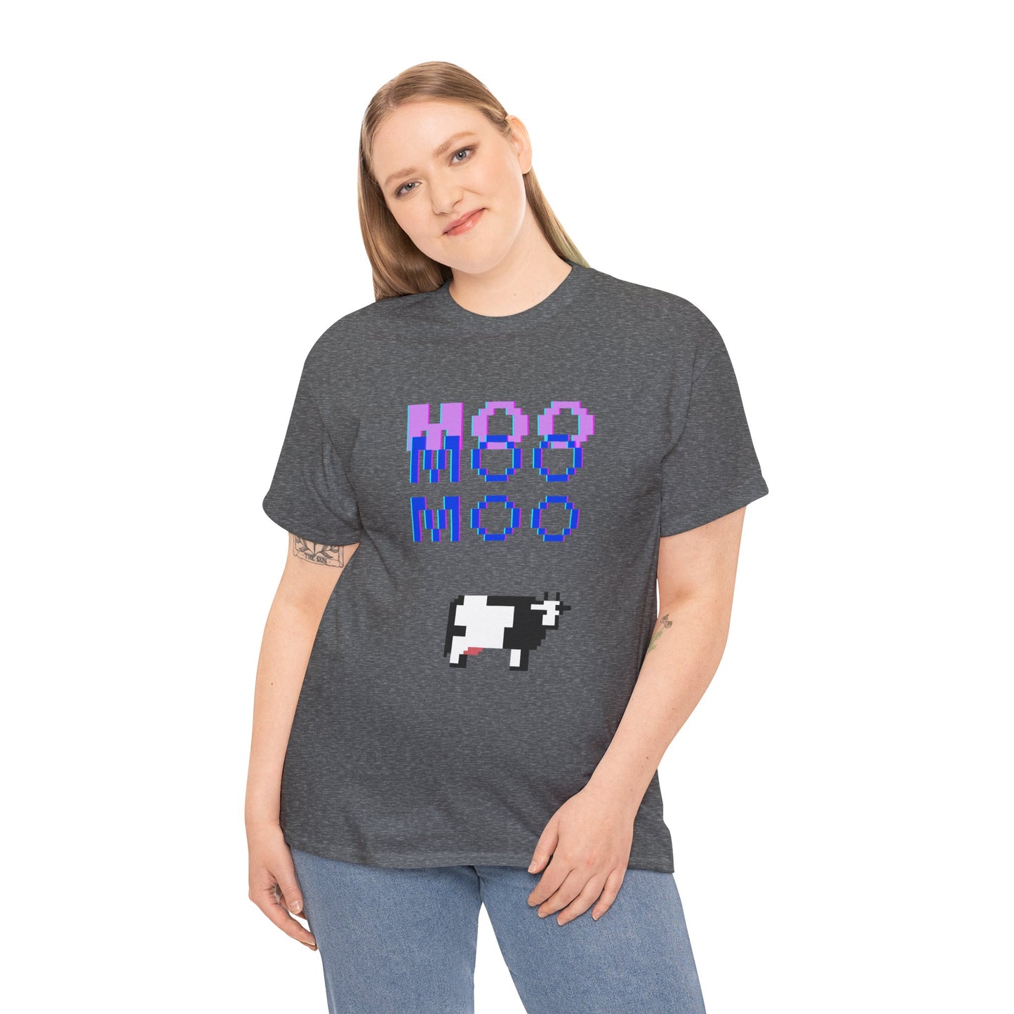 Retro Pixel Art Unisex Heavy Cotton Tee - 'MOO' Design