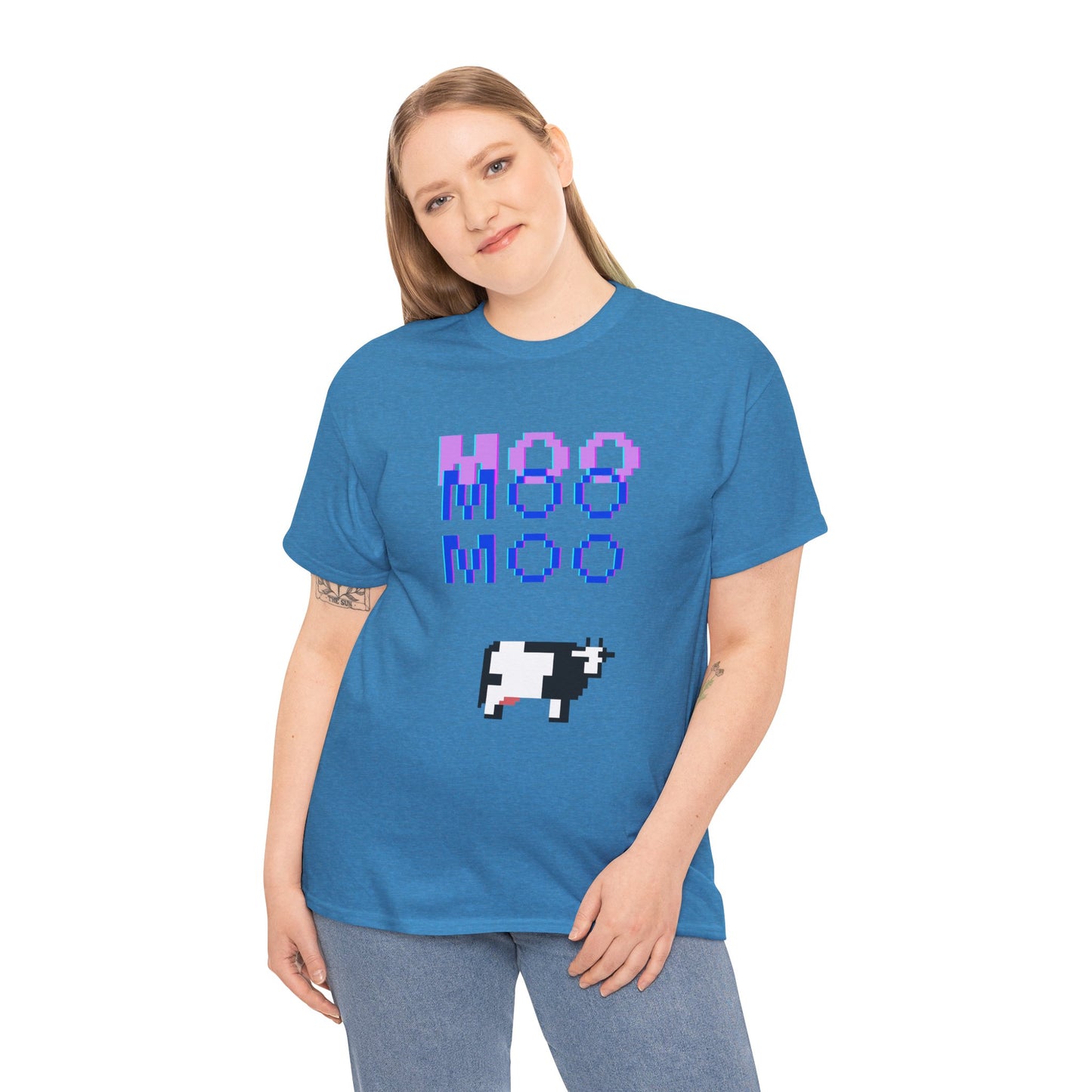 Retro Pixel Art Unisex Heavy Cotton Tee - 'MOO' Design