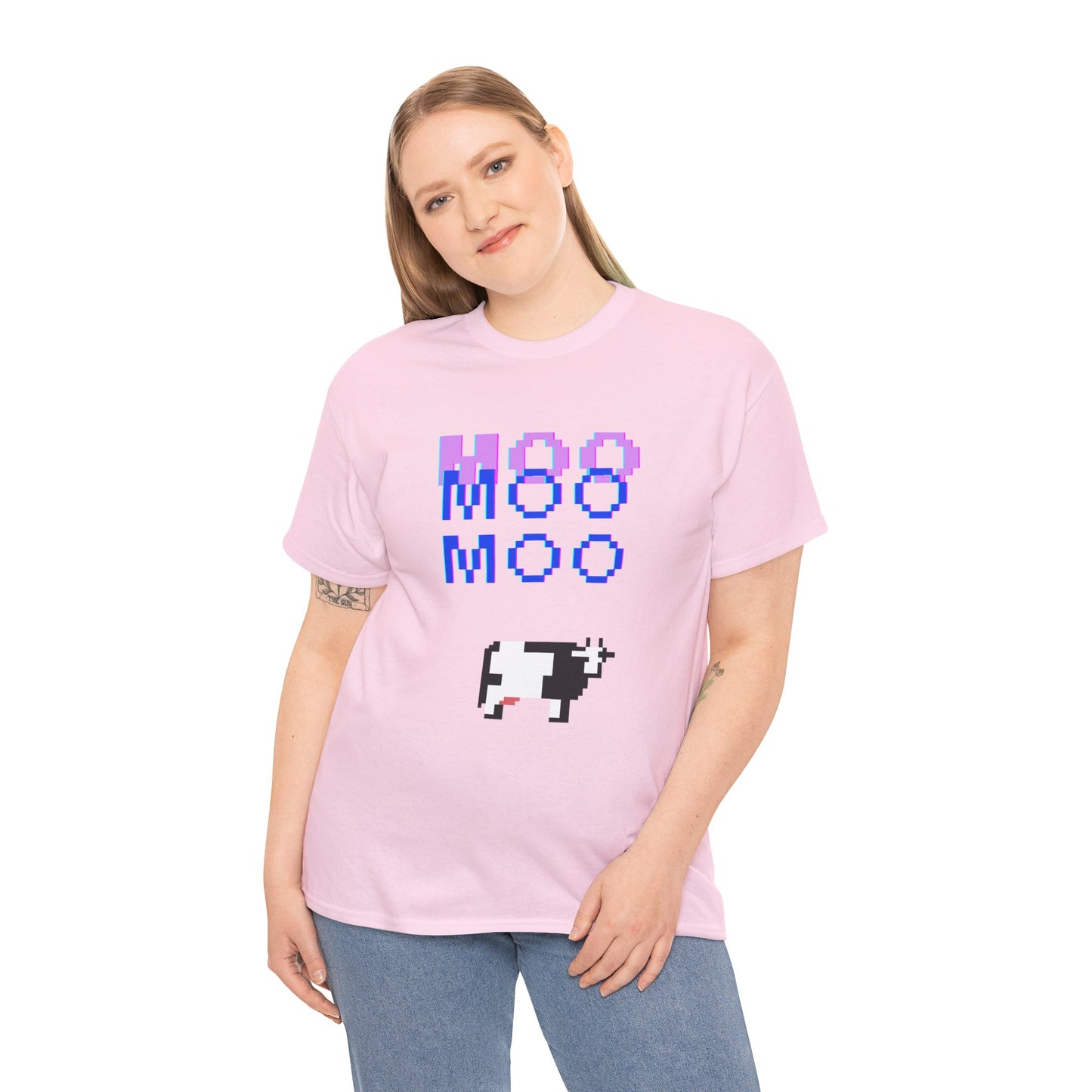 Retro Pixel Art Unisex Heavy Cotton Tee - 'MOO' Design