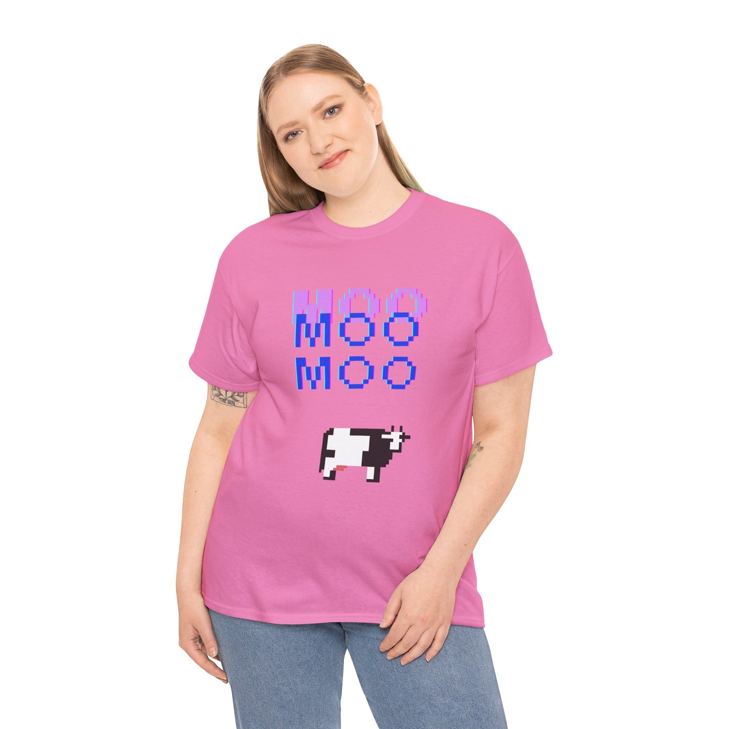 Retro Pixel Art Unisex Heavy Cotton Tee - 'MOO' Design